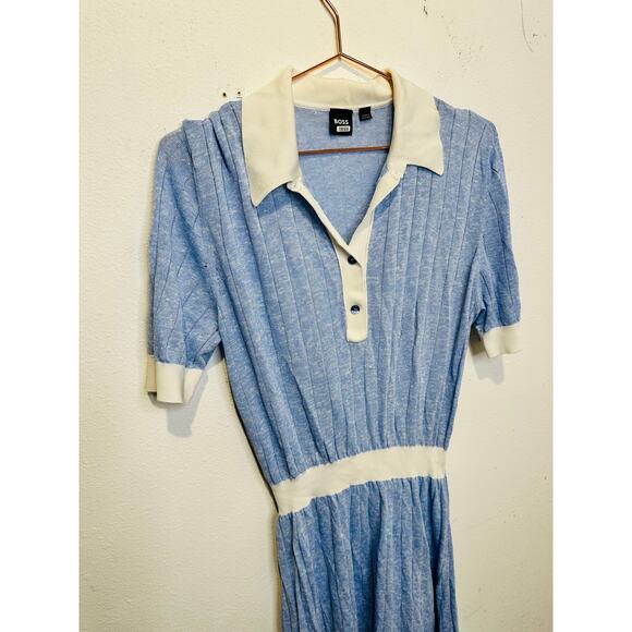 BOSS Light Blue Collared Short Sleeve Front Button Polo Knit Midi Dress Size - Picture 10 of 10